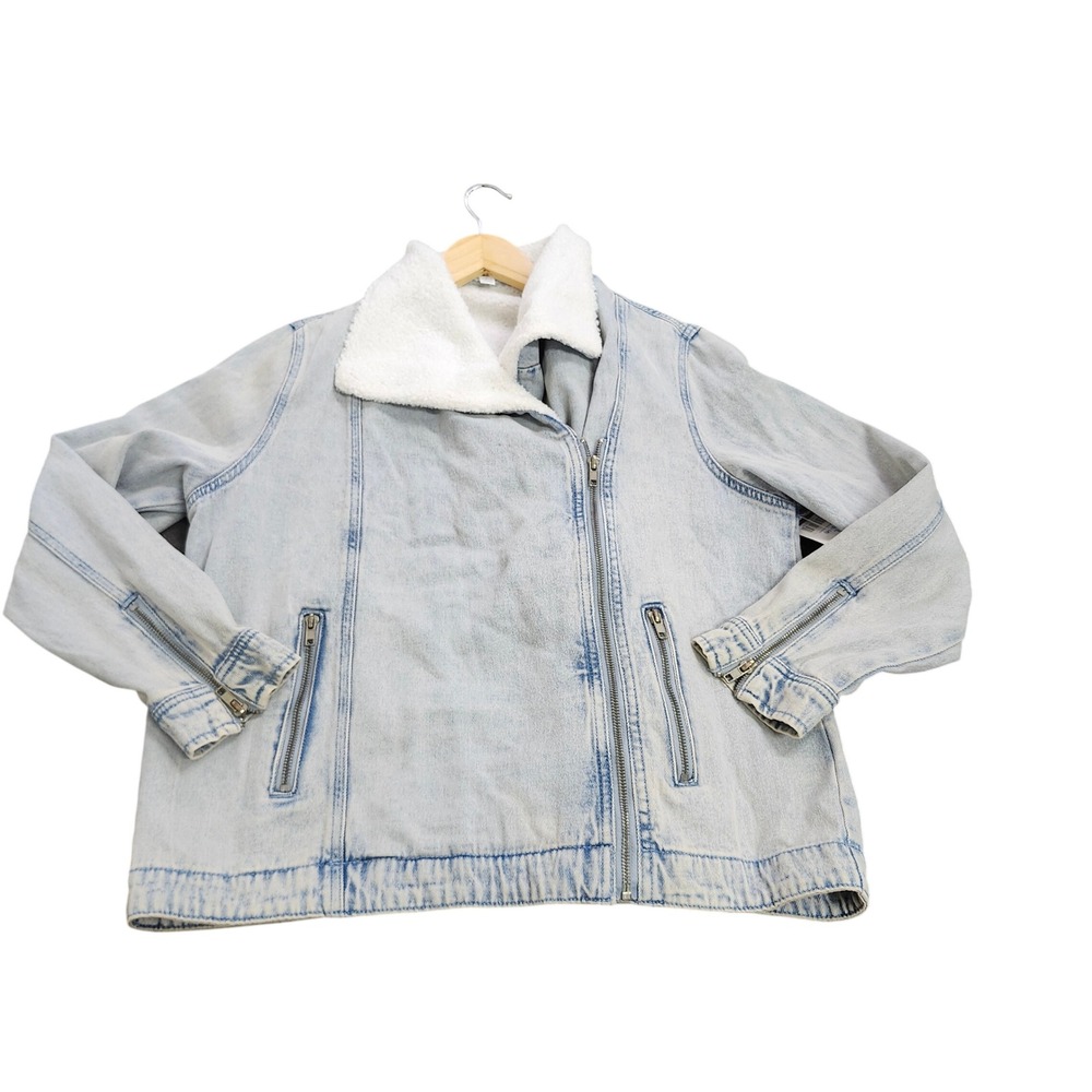 Time and Tru Womens Light Wash Denim Sherpa Collar Moto Jacket Blue Large 12-14